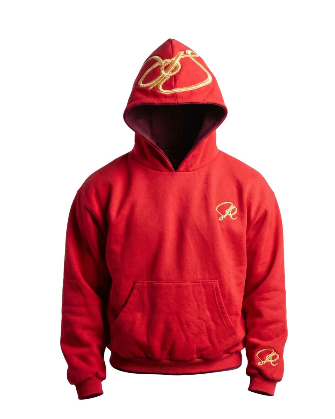 product shot of red side of blaze hoodie with golden embroidered insignia's on the hood, left chest, and left wrist. Including invisible pockets on either side of the waist.