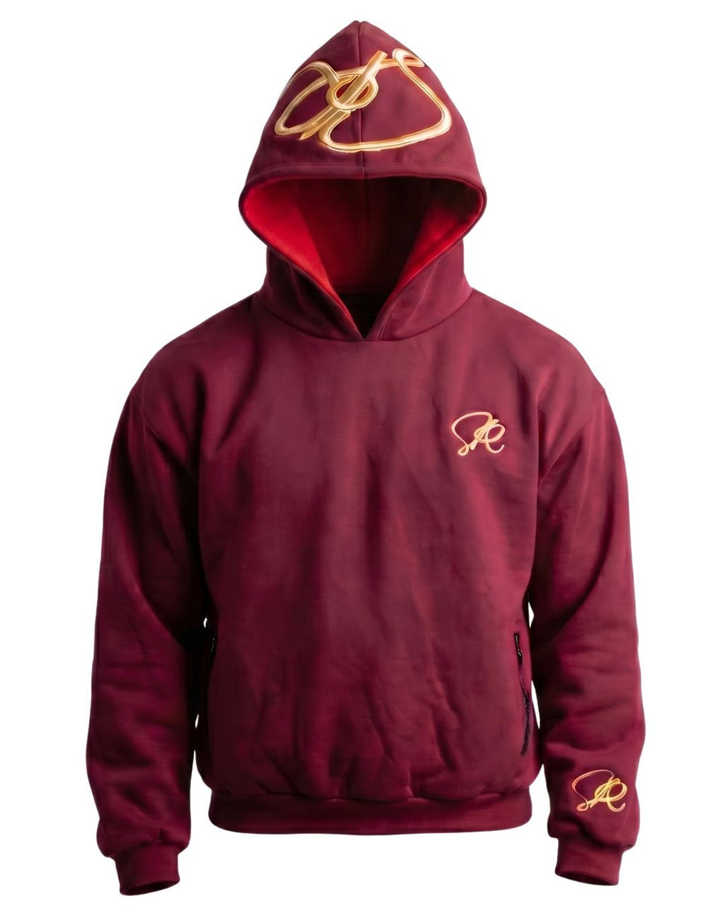Product shot of crimson side of blaze hoodie with golden embroidered insignia's on the hood, left chest, and left wrist. Including invisible pockets on either side of the waist.