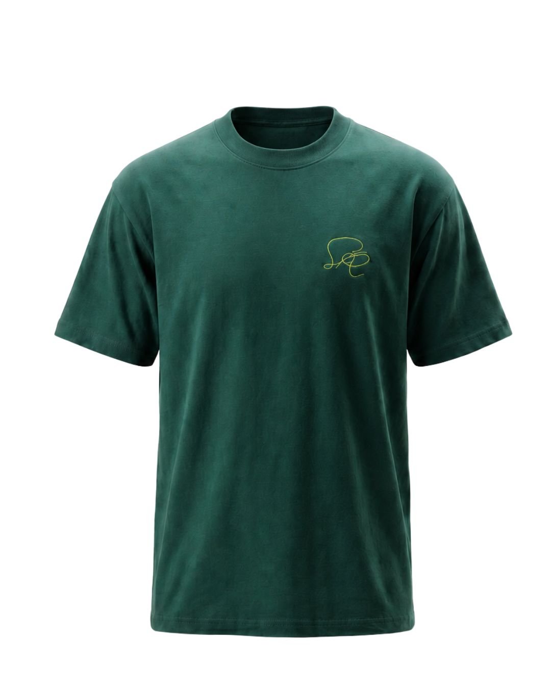 Product shot of Green Core Street Wear shirt featuring gold embroidered insignia on left chest.