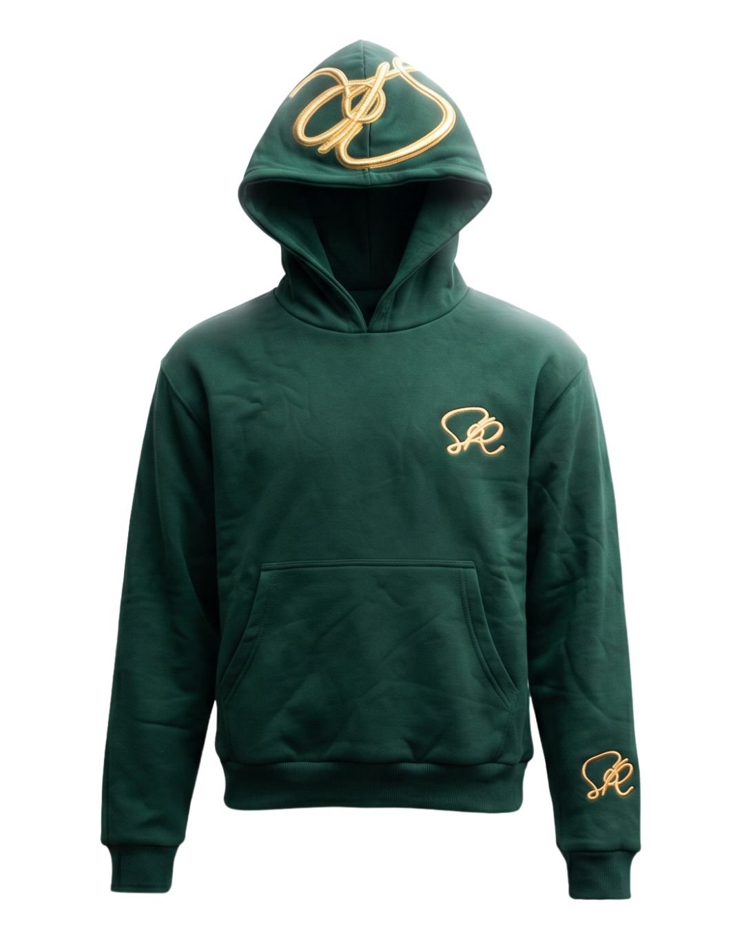 Product shot of Pine Reversable hoodie with golden embroidered insignia's on the hood, left chest, and left wrist with kangaroo pockets.