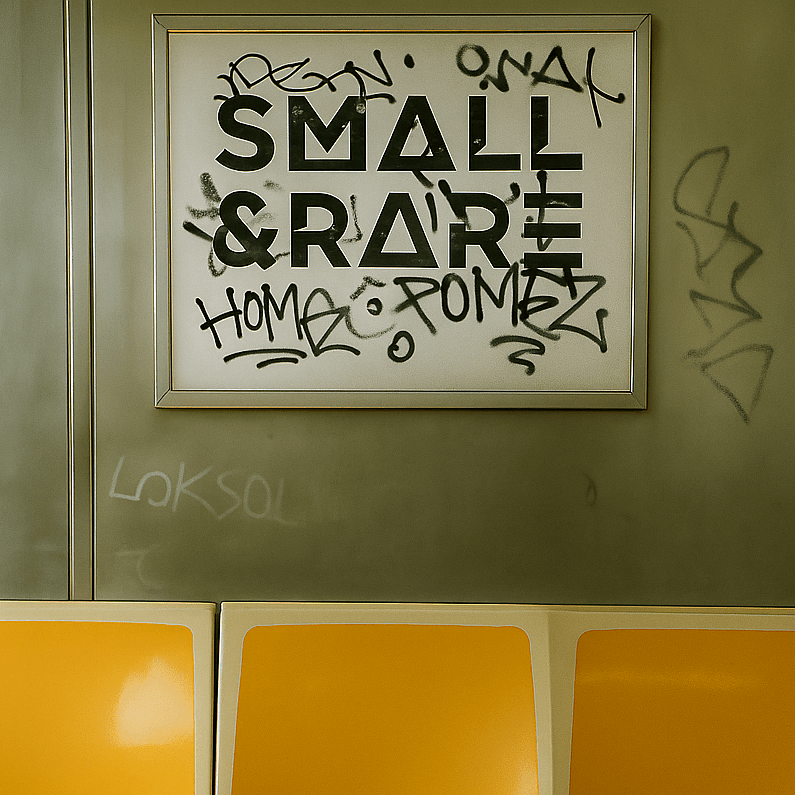 Small and Rare gift card with textured white paper and subtle gold foil accents, measuring 3x5 inches