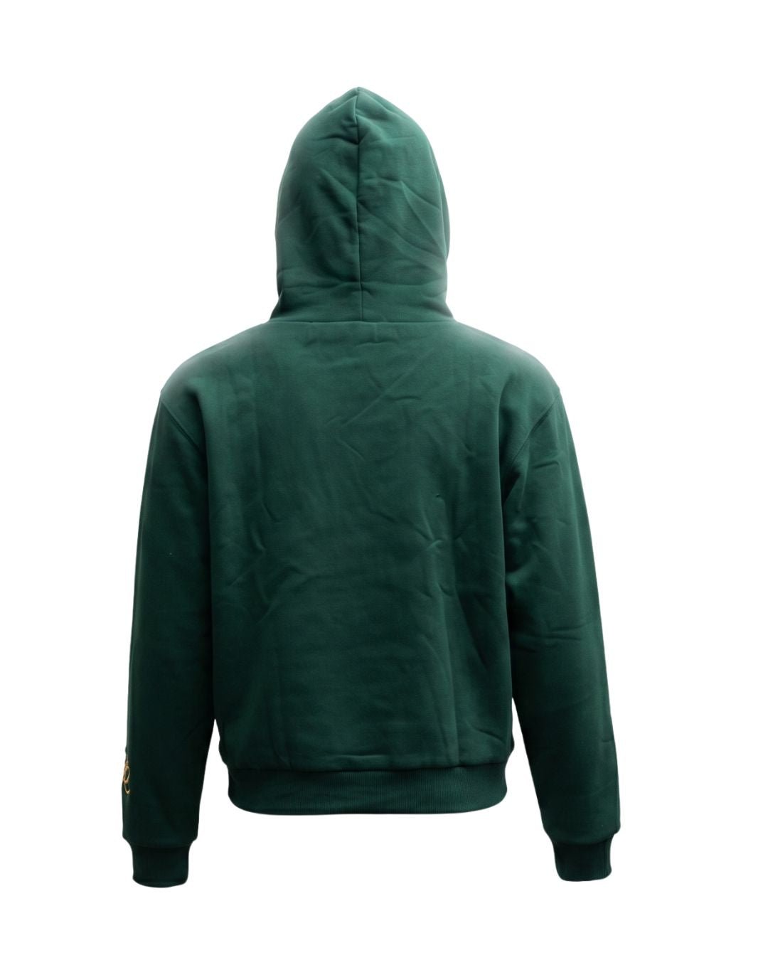 Product shot of Pine Reversable hoodie with hood folded up from the back angle.