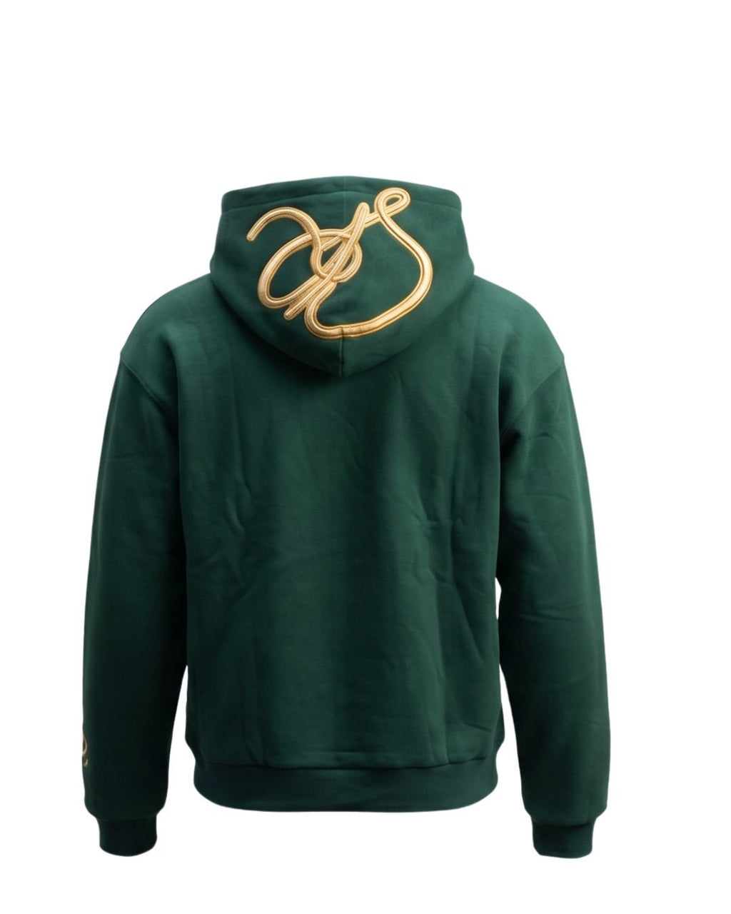 Product shot of Pine Reversable hoodie with golden embroidered insignia's on the hood and left wrist from the back angle.