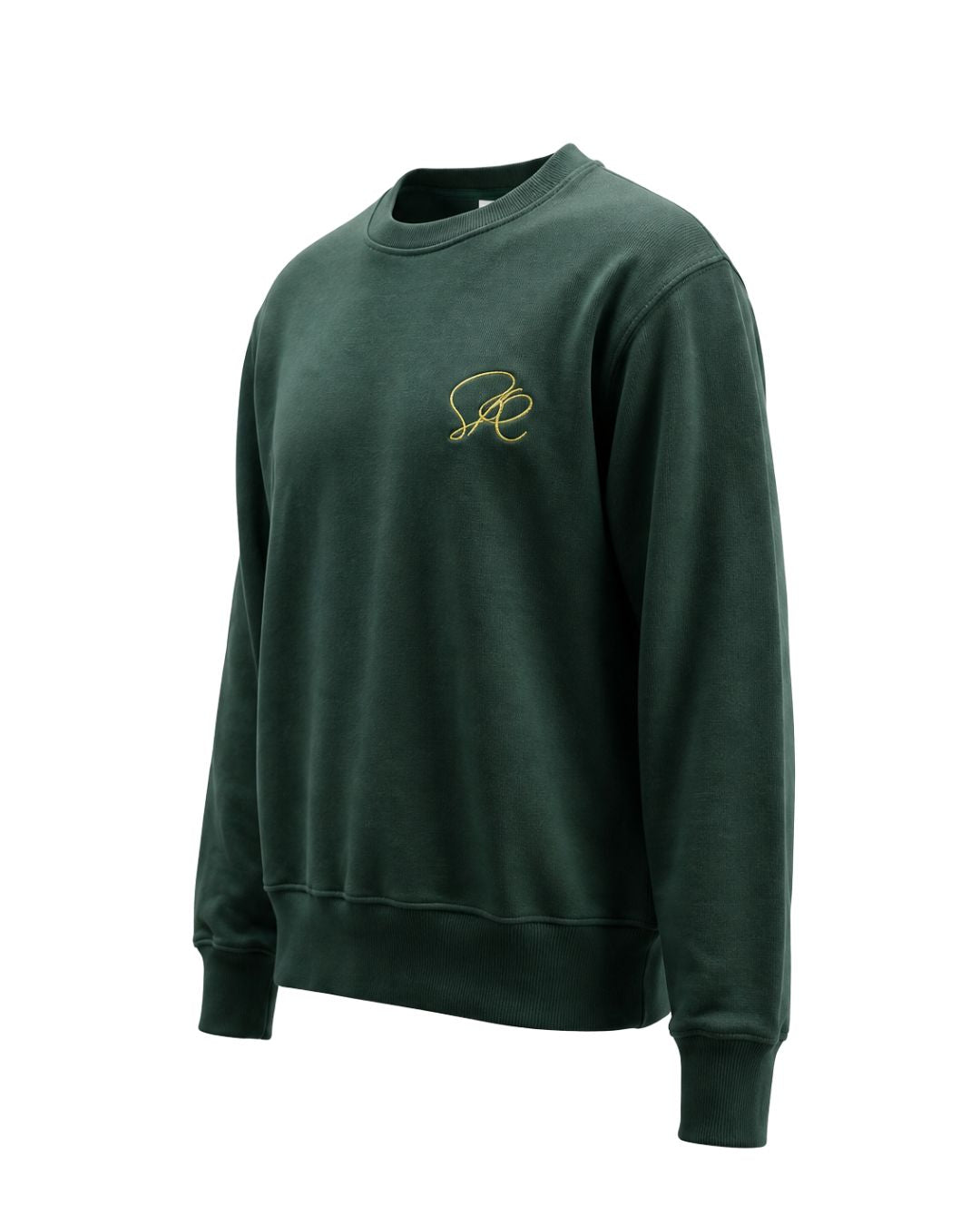 Product shot of Green Core Crewneck Sweatshirt featuring green embroidered insignia on left chest from left side angle.