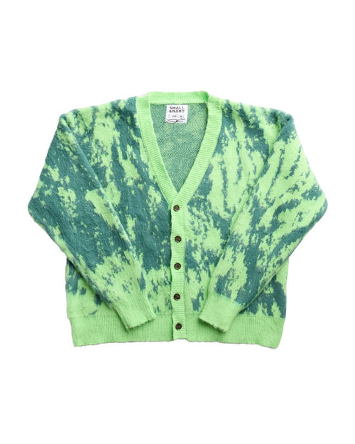 Small and Rare mohair grass cardigan, relaxed fit, sage green, crew neckline, long sleeves, organic fiber blend, streetwear