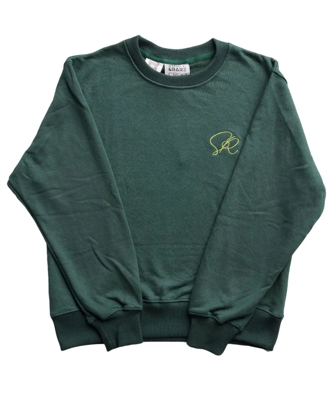 Small and Rare green cotton crewneck sweatshirt with relaxed fit, ribbed neckline and long sleeves in vibrant forest green