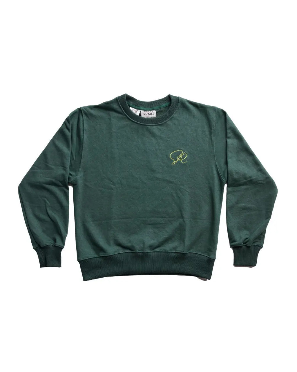 Close-up of the sweatshirt's ribbed neckline and visible stitching detail in soft forest green fabric