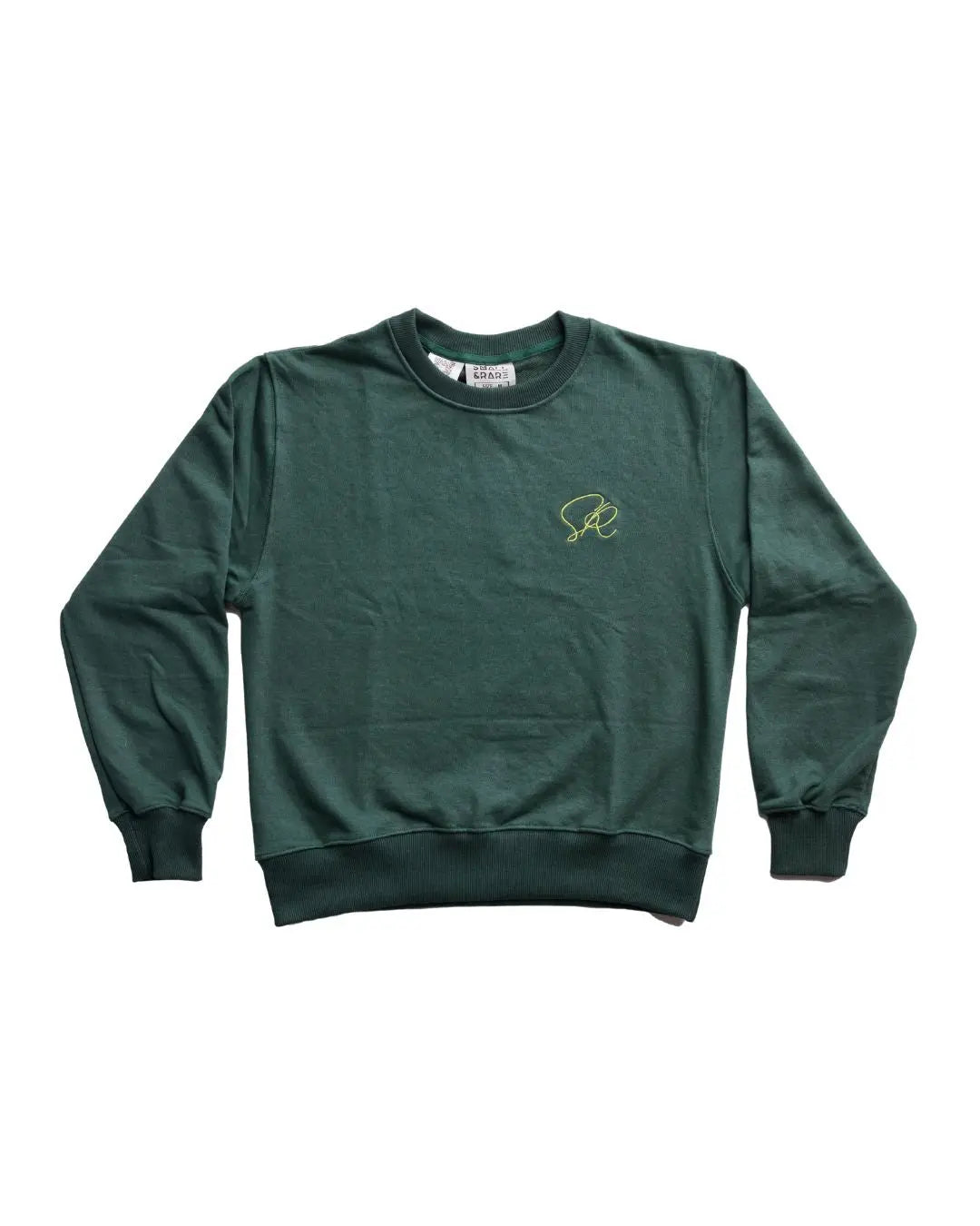Close-up of the sweatshirt's ribbed neckline and visible stitching detail in soft forest green fabric