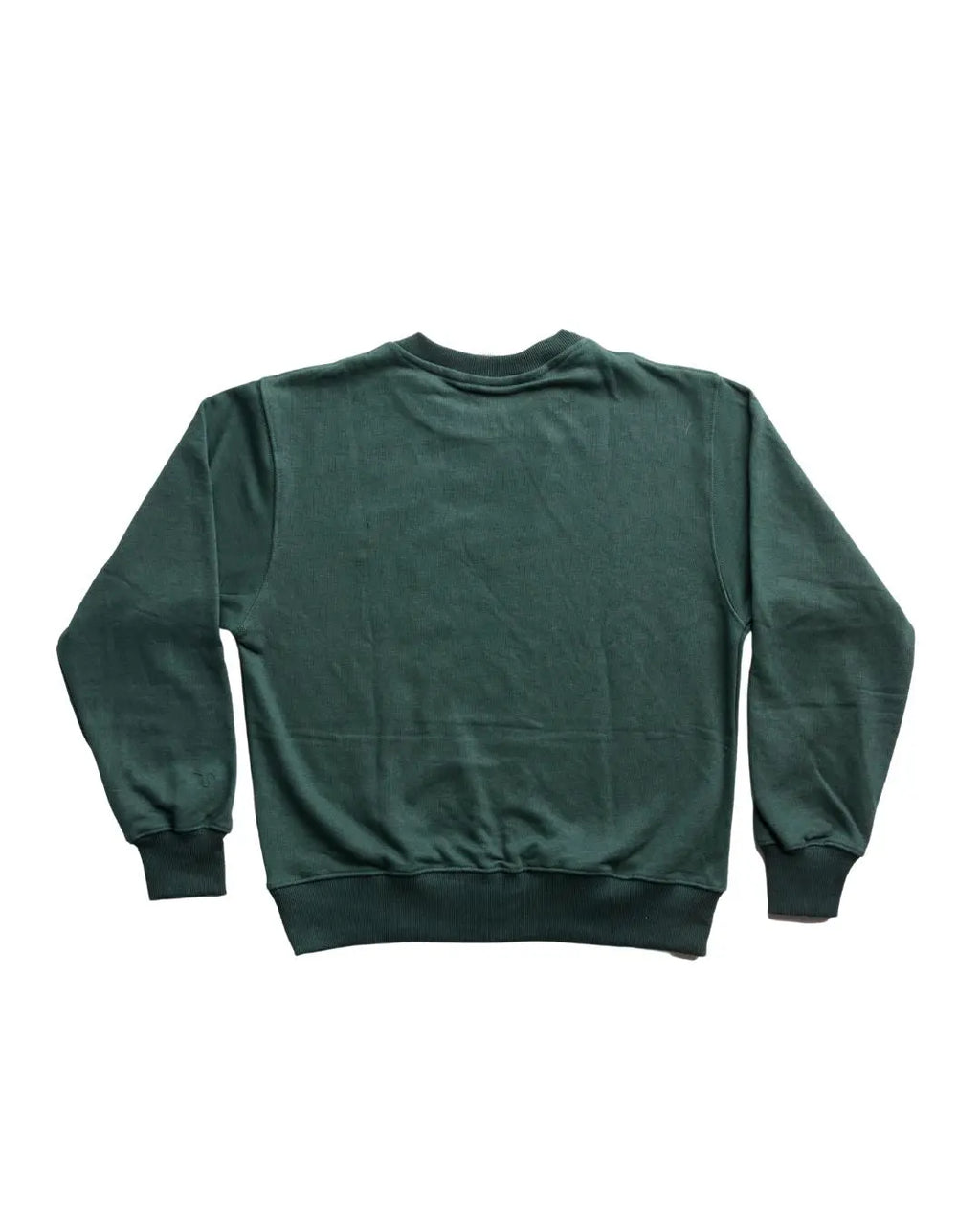 Close-up of the Green Core Crewneck Sweatshirt's ribbed neckline and subtle stitching detail from the front angle.