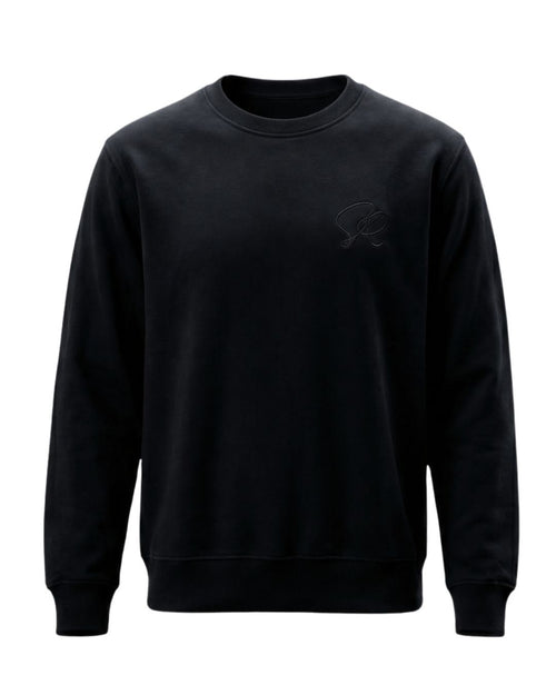 Product shot of Black Core crewneck sweatshirt featuring black embroidered insignia on left chest.