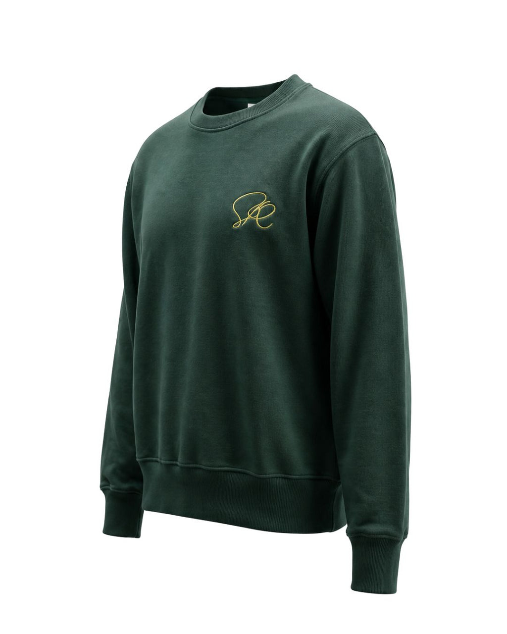 Product shot of the Essential Green Crewneck Sweatshirt featuring green embroidered insignia on left chest from left side angle.