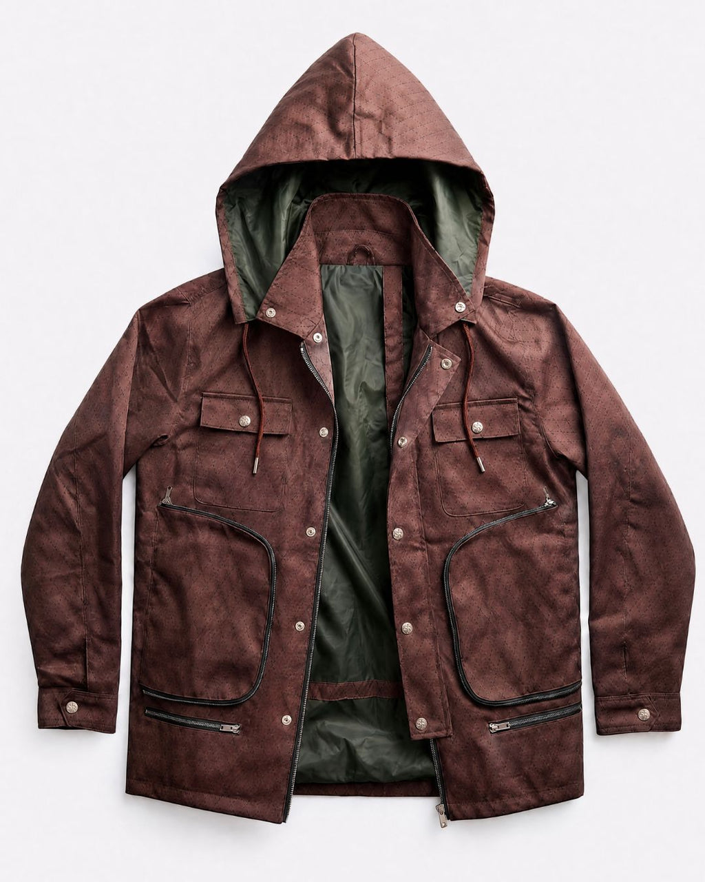 Product shot of Versa Workwear Jacket with removable hood attached.