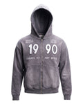 Product shot of Grey 90 Zip Hoodie with a bold "1990" and "Small And Rare" insignias.