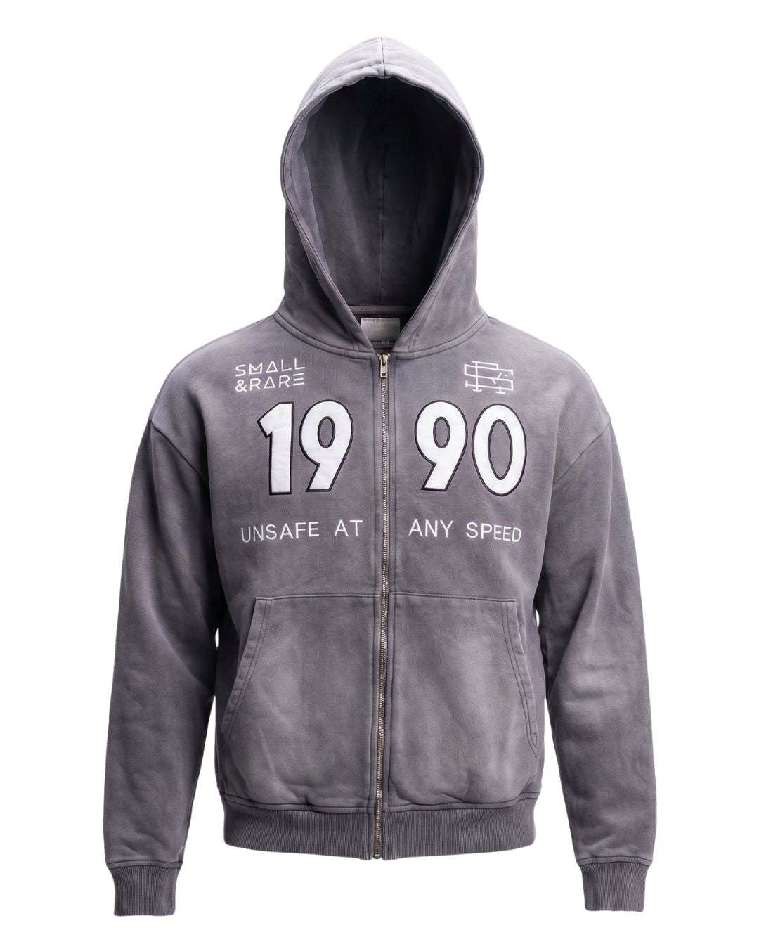 Product shot of Grey 90 Zip Hoodie with a bold "1990" and "Small And Rare" insignias.