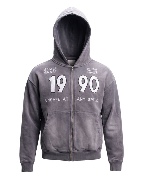 Product shot of Grey 90 Zip Hoodie with a bold "1990" and "Small And Rare" insignias.