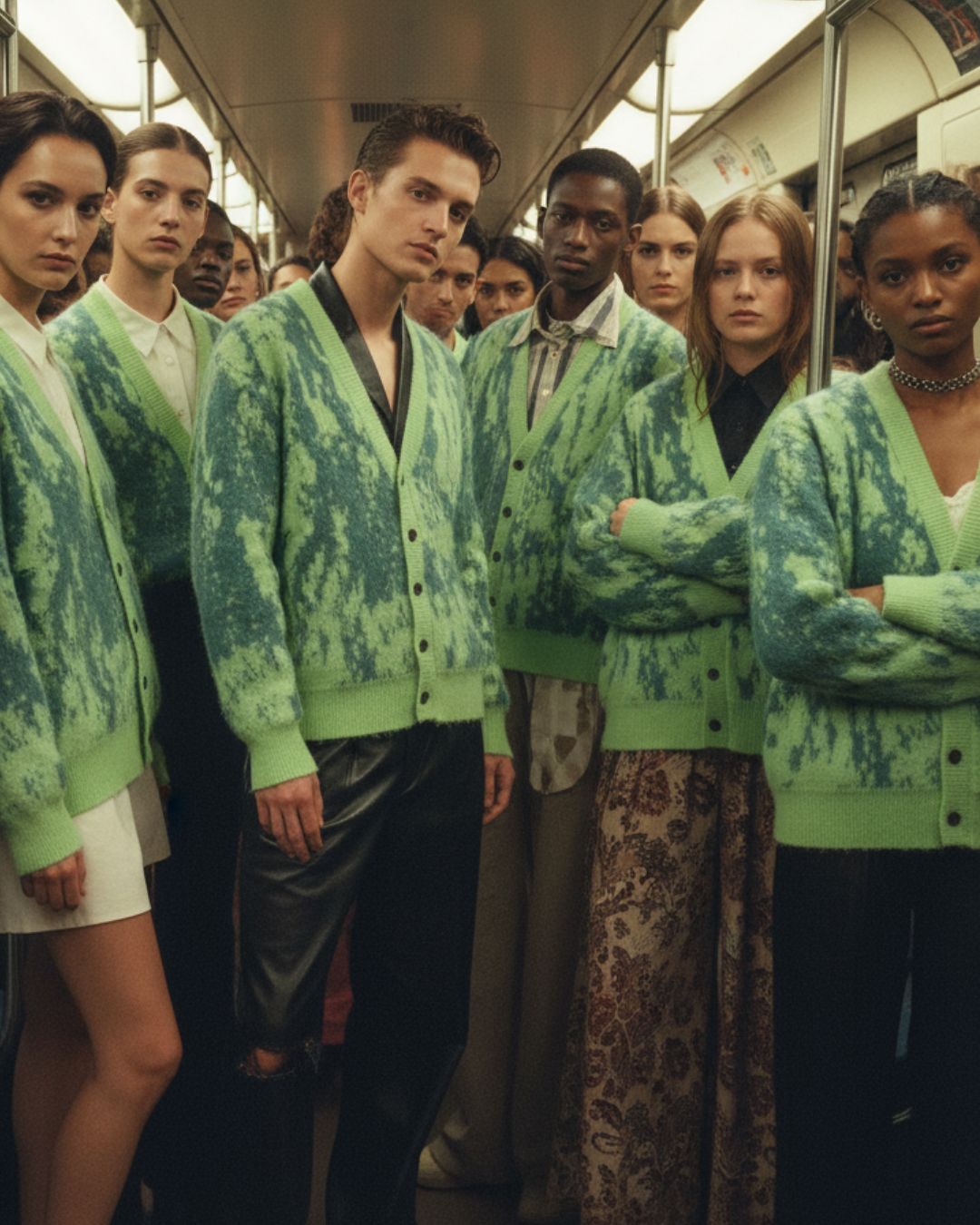 Close-up of the Grass Cardigan’s textured knit fabric highlighting the ribbed collar and relaxed fit from a front diagonal