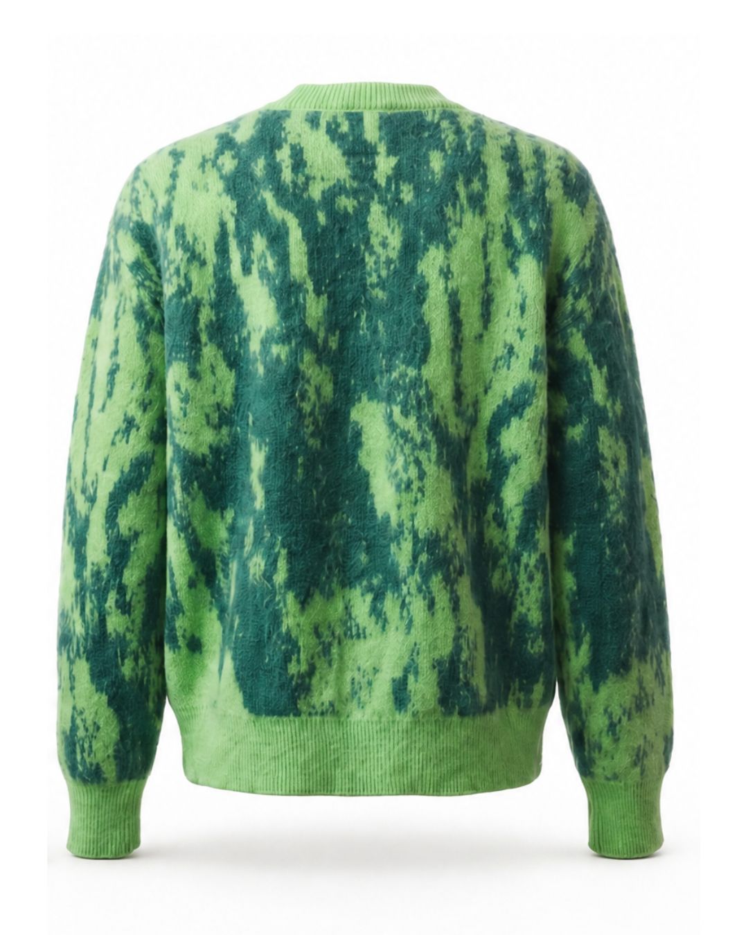 Product shot of the back of Mohair Grass cardigan with green abstract pattern.